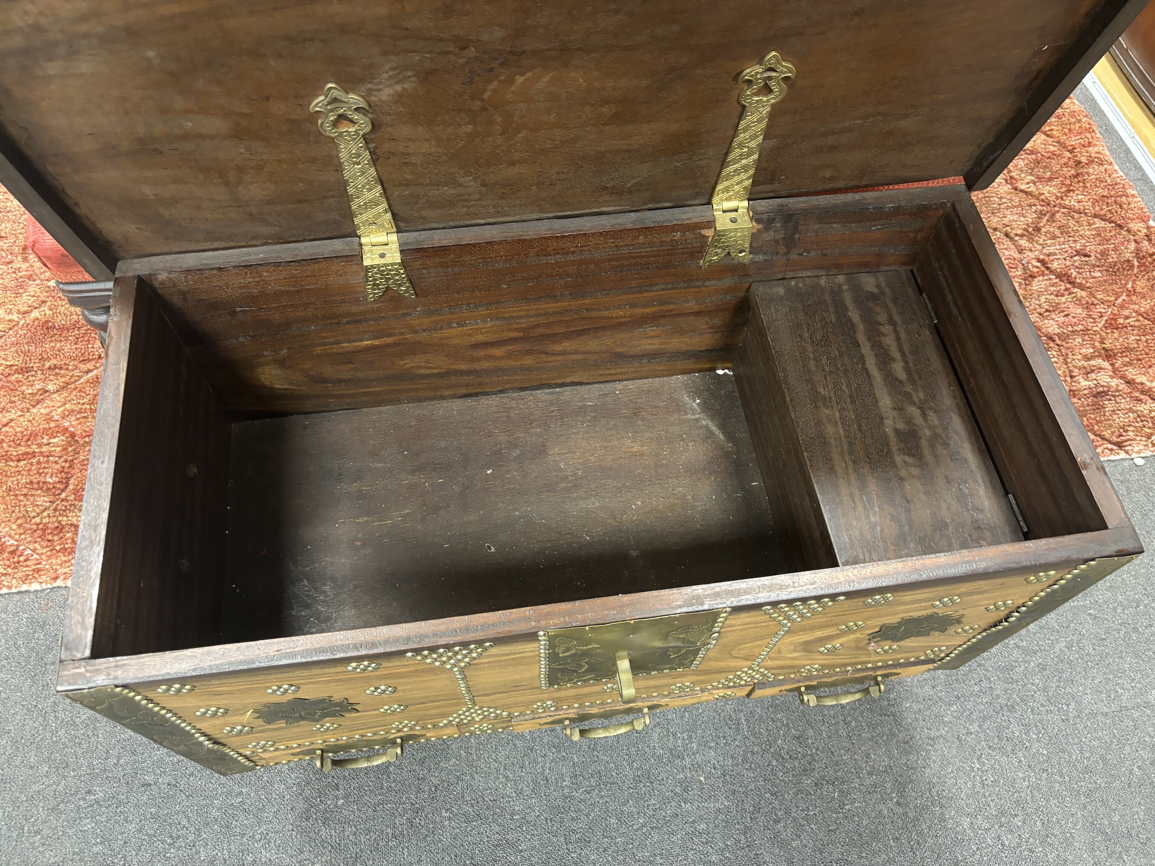 A Zanzibar style chest and another smaller, larger width 89cm, depth 44cm, height 54cm